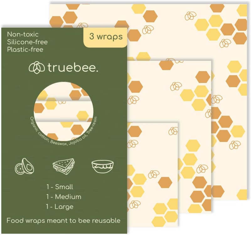 TRUSBEE Reusable Beeswax Food Wraps 3-Pack – Non Toxic, Plastic Free, Silicone Free, Sustainable, Environmentally Friendly, Organic Cotton Beeswax Wraps (S, M, L), Signature Design - Image 1